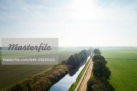 Canal cutting through field landscape, elevated view, Netherlands