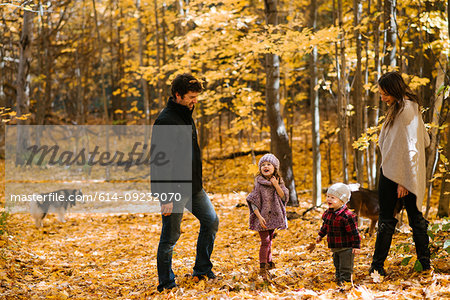 Family of four and dogs in forest