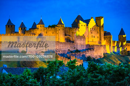 La Cite, medieval citadel at Carcassonne in the the Languedoc, Occitane, France.