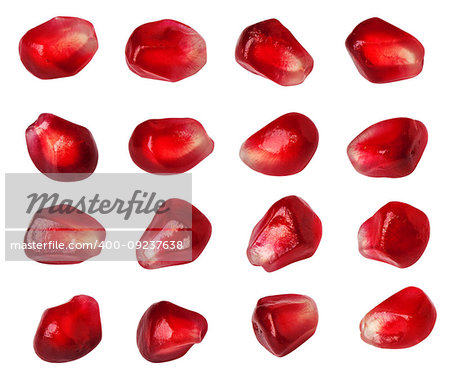 Pomegranate seed collection isolated on white. Clipping path included