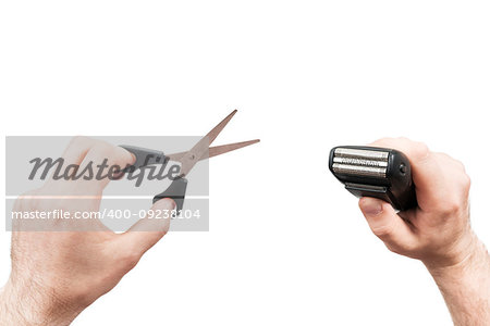 Male hands hold scissors and an electric shaver for trimming their beard, isolated on a white background, first-person view