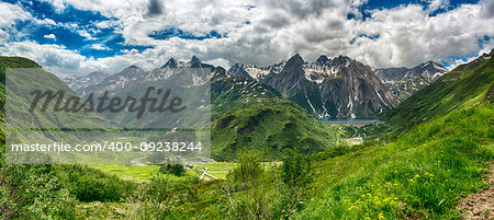 great panorama on the Formazza Valley in spring season with little village of Riale and Lake of Morasco, Piedmont - Italy