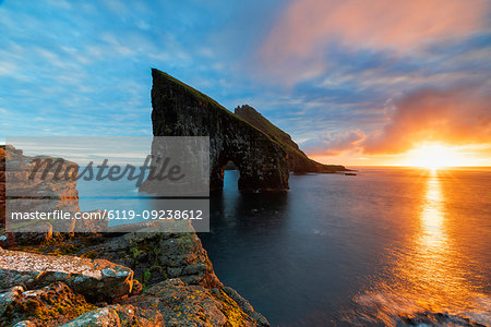 Drangarnir at sunset, Vagar island, Faroe Islands, Denmark, Europe