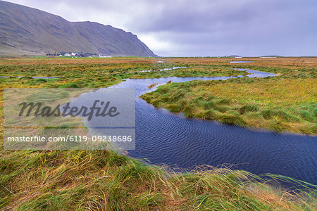 Flowing water of winding creek, Fredvang, Nordland county, Lofoten Islands, Norway, Europe