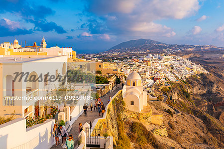 View of Fira and Greek Church of Saint Stylianos, Firostefani, Santorini (Thira), Cyclades Islands, Greek Islands, Greece, Europe