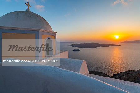 View of Greek Church of Saint Stylianos at sunset, Firostefani, Santorini (Thira), Cyclades Islands, Greek Islands, Greece, Europe