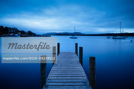Jetty at dusk, Lake Windermere, Lake District National Park, UNESCO World Heritage Site, Cumbria, England, United Kingdom, Europe