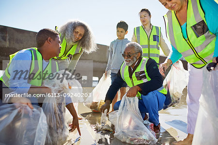 Volunteers cleaning up litter on sunny beach