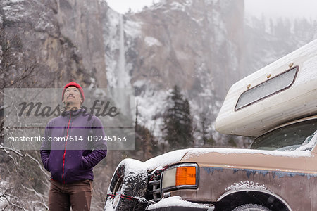 Climber in front of campervan, Yosemite National Park, California, USA
