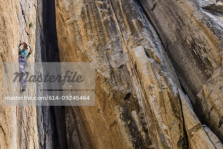 Climber rock climbing, Cookie Cliff, Yosemite National Park, California, United States