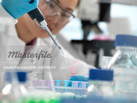 Scientist pipetting sample into vial during genetic experiment in laboratory Scientist pipetting sample into vial during genetic experiment in laboratory