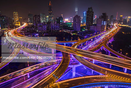 Nine dragon intersection at night, high angle view, Shanghai, China