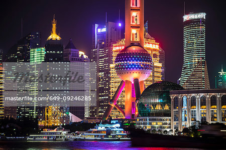 Pudong skyline with Oriental Pearl Tower at night, Shanghai, China