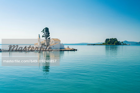 Vlacherna Monastery, rat island on background, Corfu, Kerkira, Greece