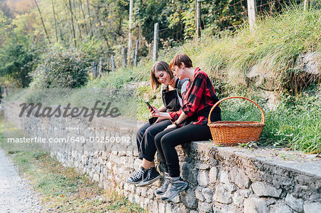 Best friends sitting on stone wall, sharing text message, Rezzago, Lombardy, Italy