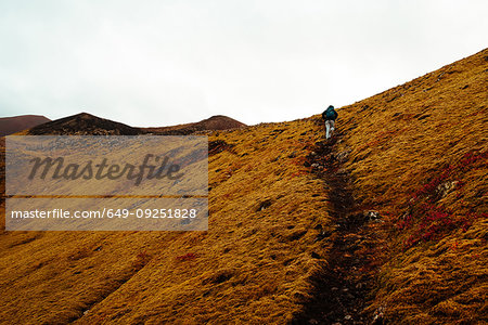 Tourist hiking up hill, Reykjavík, Gullbringusysla, Iceland