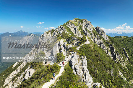 Hikers on Gratweg Trail from Heimgarten to Herzogstand Mountain, Upper Bavaria, Bavaria, Germany, Europe