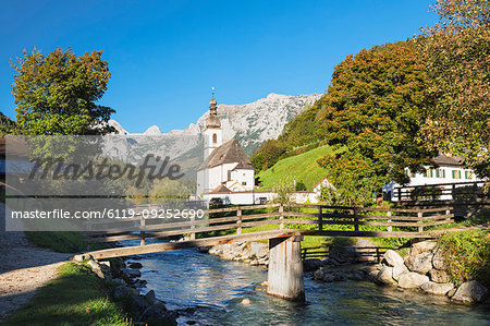 Parish Church, Reiteralpe Mountain, Ramsauer Ache River, Ramsau, Berchtesgadener Land, Upper Bavaria, Bavaria, Germany, Europe