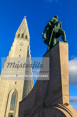 Statue of Leifur Eiriksson outside Hallgrimskirkja church in Reykjavic, Iceland, Europe