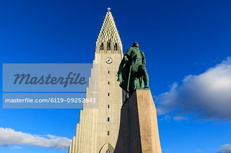 Statue of Leifur Eiriksson outside Hallgrimskirkja church in Reykjavic, Iceland, Europe