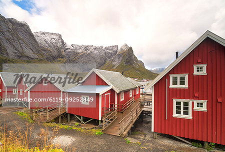 Iconic red fishermen's cabins (Rorbu), Reine, Nordland, Lofoten Islands, Norway, Europe