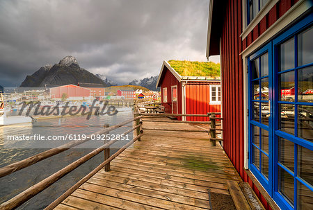 Harbor and typical fishermen's houses with grass roof, Reine, Nordland, Lofoten Islands, Norway, Europe