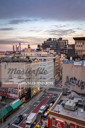 Sunrise over the Soho district of New York City looking towards the development of Hudson Yards skyscrapers, New York, United States of America, North America