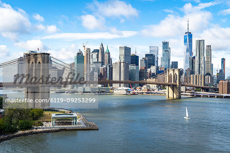 The view over the East River towards the Brooklyn Bridge and Lower Manhattan, New York, United States of America, North America