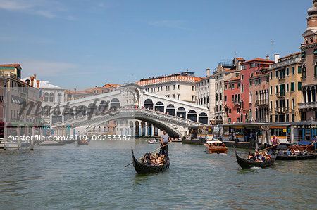 Gondolas by Rialto Bridge in Venice, Italy, Europe
