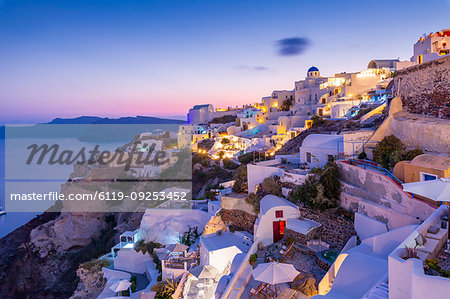 View of Oia village at dusk, Santorini, Cyclades, Aegean Islands, Greek Islands, Greece, Europe