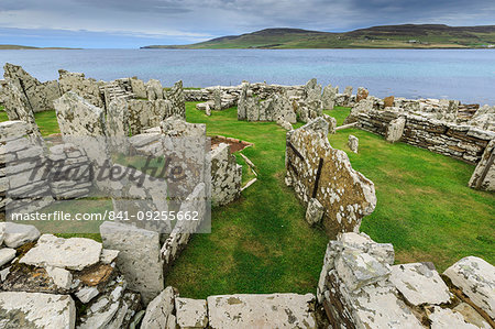 Broch of Gurness, view to Island of Rousay, Iron Age complex, prehistoric settlement, Eynhallow Sound, Orkney Islands, Scotland, United Kingdom, Europe