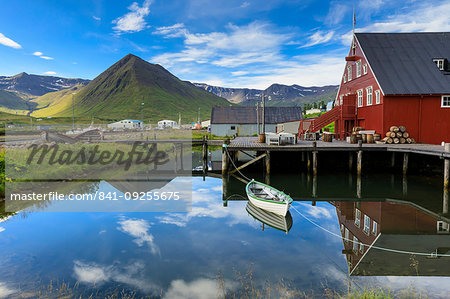 Award-winning Herring Era Museum, fjord scenery, reflections, Siglufjordur, (Siglufjorour), stunning Summer day, North Iceland, Europe