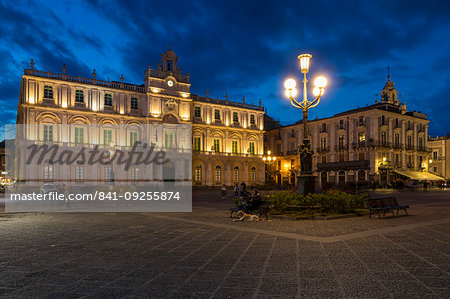 The illuminated University of Catania at University Square during blue hour, Catania, Sicily, Italy, Europe