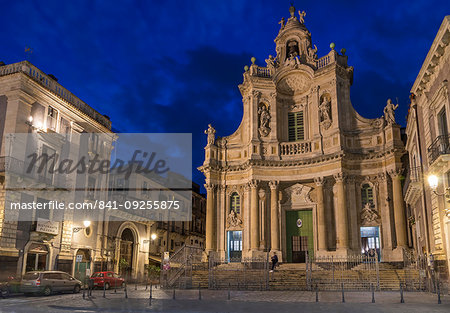 Illuminated Basilica della Collegiata church at dusk, Catania, Sicily, Italy, Europe