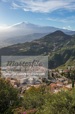 View from Madonna della Rocca church over Taormina and to Mount Etna, Taormina, Sicily, Italy, Europe