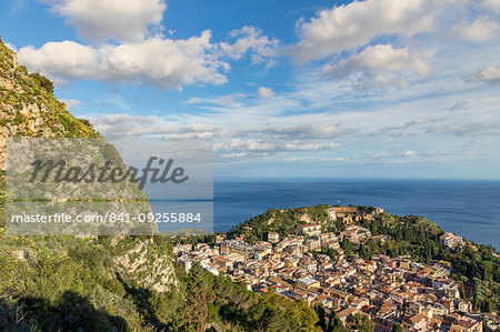 View from Madonna della Rocca church down to the city centre, Taormina, Sicily, Italy, Europe