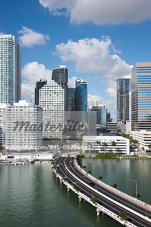 Bridge leading to Brickell Key and Downtown Miami skyline, Florida, United States of America, North America