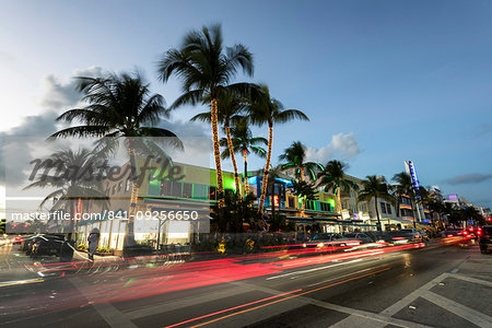 Art Deco architecture at night on Ocean Drive, South Beach, Miami Beach, Florida, United States of America, North America