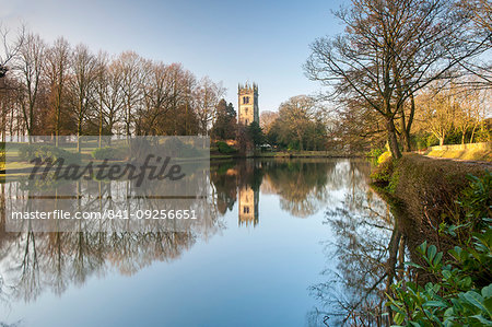 Gawsworth Parish Church reflected in Winter, Gawsworth, Cheshire, England, United Kingdom, Europe