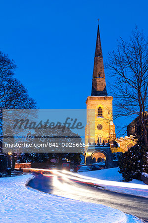 St Mary's Church, Astbury near Congleton in winter at night, Cheshire, England, United Kingdom, Europe