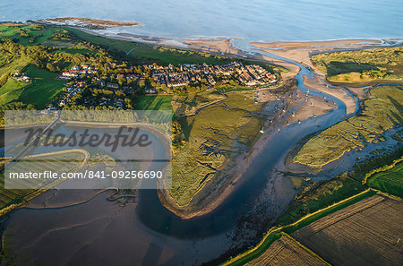 Aerial view of the meandering estuary of the River Aln, Alnmouth, Northumberland, England, United Kingdom, Europe