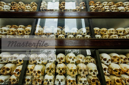 Some of the 5000 skulls of Khmer Rouge victims in the memorial stupa at the Killing Fields, Choeung Ek, Phnom Penh, Cambodia, Indochina, Southeast Asia, Asia