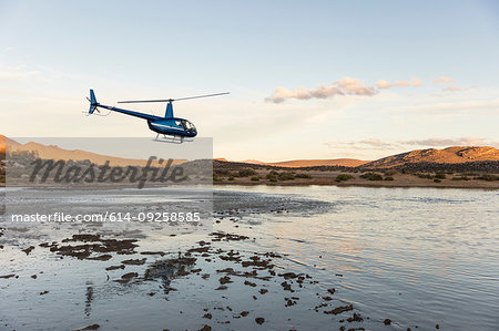 Helicopter flying above watering hole, Cape Town, Western Cape, South Africa