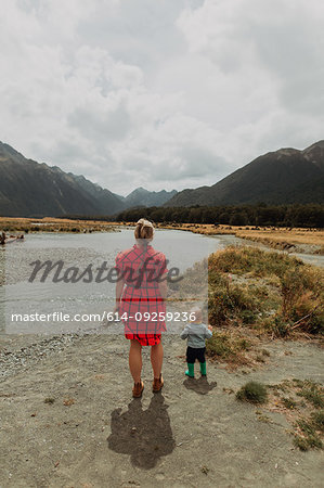 Mother and baby by lake, Queenstown, Canterbury, New Zealand