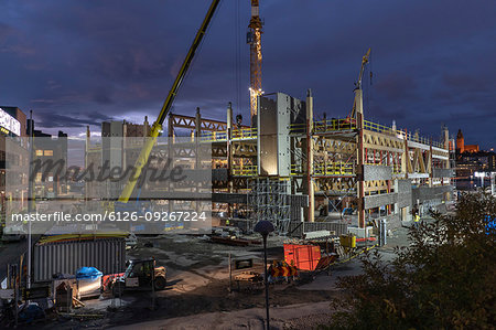 Construction site at night in Gothenburg, Sweden