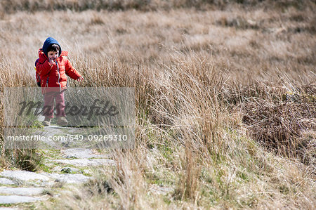 Boy exploring national park, Llanaber, Gwynedd, United Kingdom