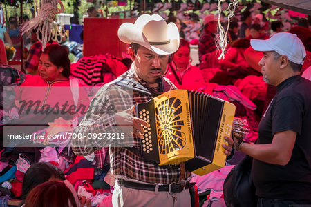 Musician playing the accordian at the Tuesday Market in San Miguel de Allende, Guanajuato, Mexico