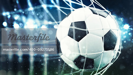 Close-up of a ball entering the net in a football match. 3D Rendering