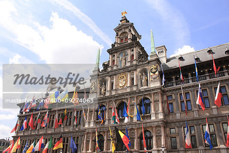 City hall with flags of many nationalities, the Grote Markt (Great Market Square), Antwerp, Belgium