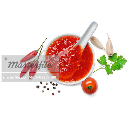 red hot chilli sauce  isolated on a white background.Top view